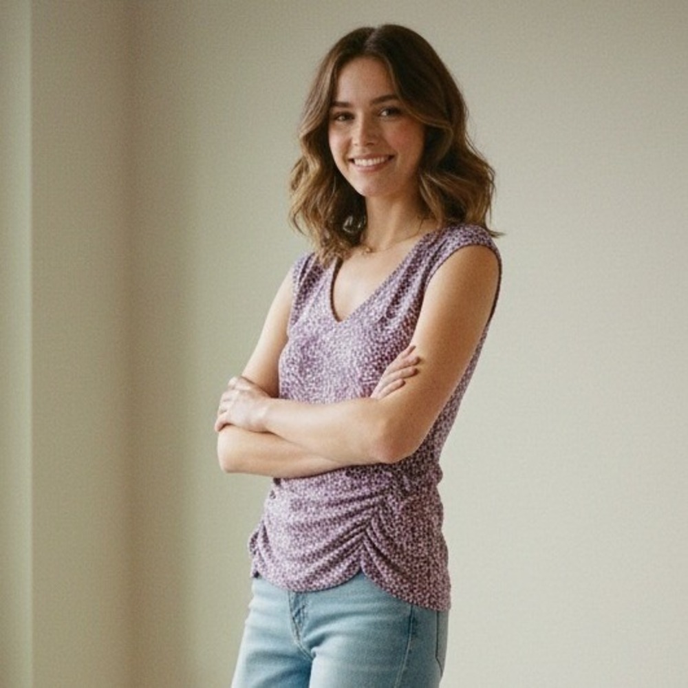 White House‎ Black Market Purple Abstract Print Ruched Cap Sleeve Top - Size XS